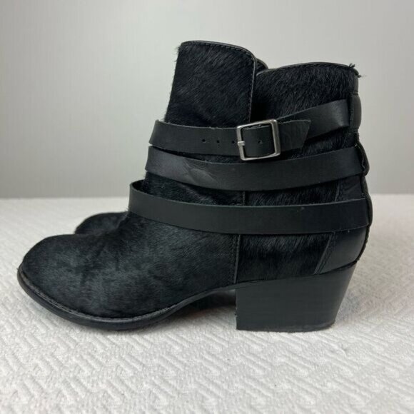 Matiko Boots Womens 6.5 Slip On Buckle Strap Ankle Bootie Black Fur Calf Heels - Picture 8 of 15